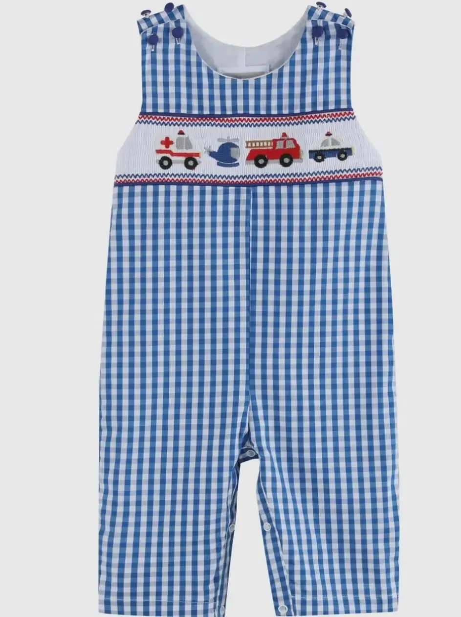Dark Blue Gingham Emergency Vehicle Smocked Overalls