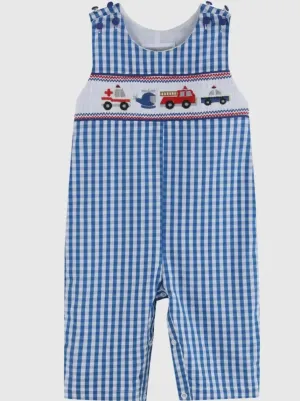 Dark Blue Gingham Emergency Vehicle Smocked Overalls