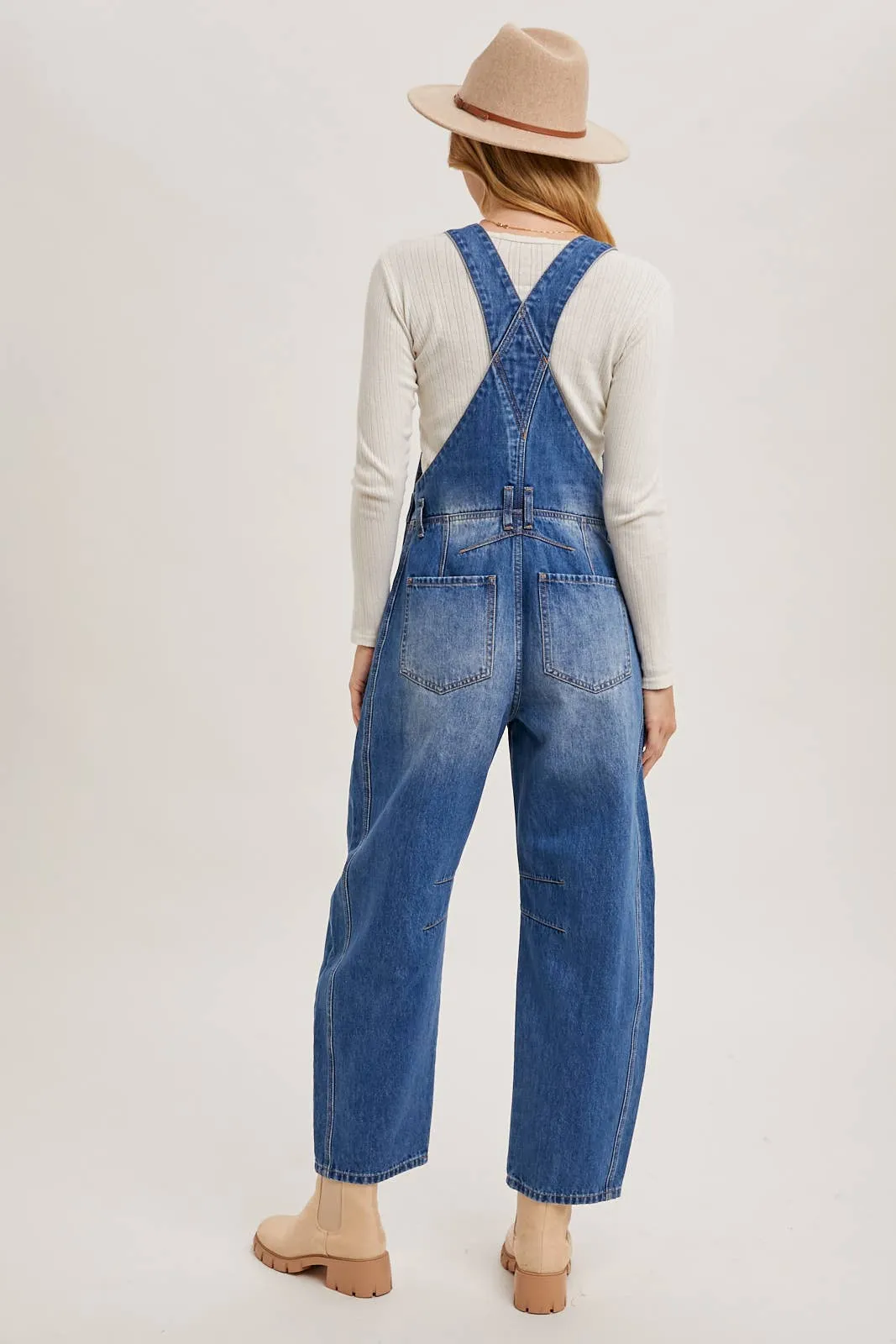 DENIM BARREL OVERALLS: MED.WASH / L