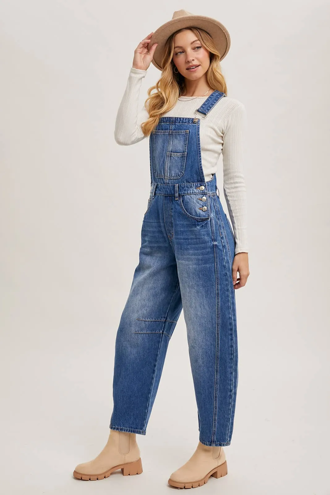 DENIM BARREL OVERALLS: MED.WASH / L