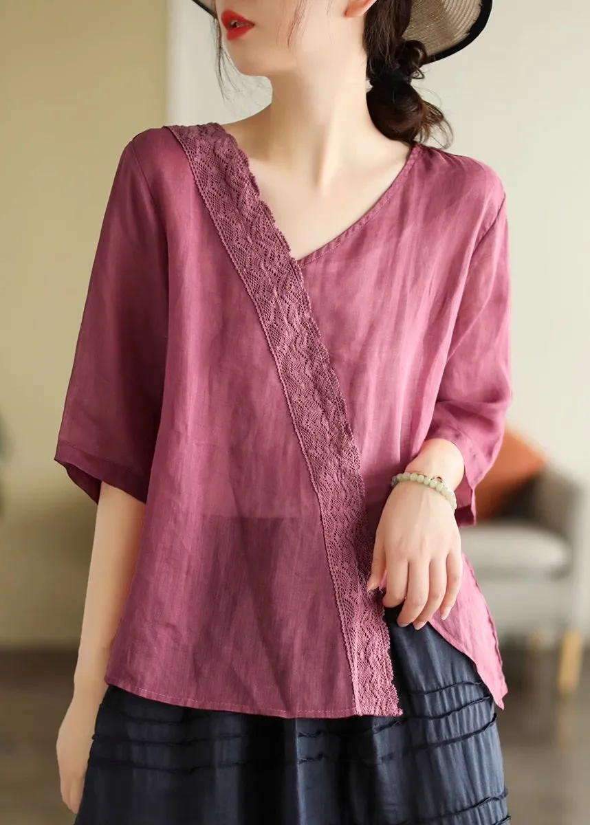 Elegant White V Neck Lace Patchwork T Shirt Short Sleeve LY4429