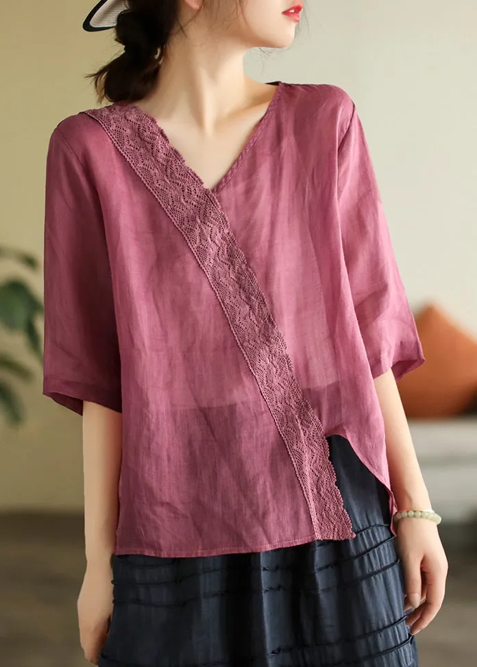 Elegant White V Neck Lace Patchwork T Shirt Short Sleeve LY4429