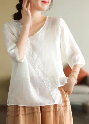 Elegant White V Neck Lace Patchwork T Shirt Short Sleeve LY4429
