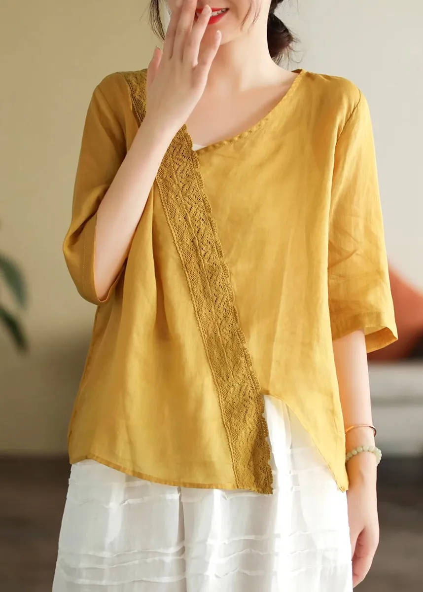 Elegant White V Neck Lace Patchwork T Shirt Short Sleeve LY4429