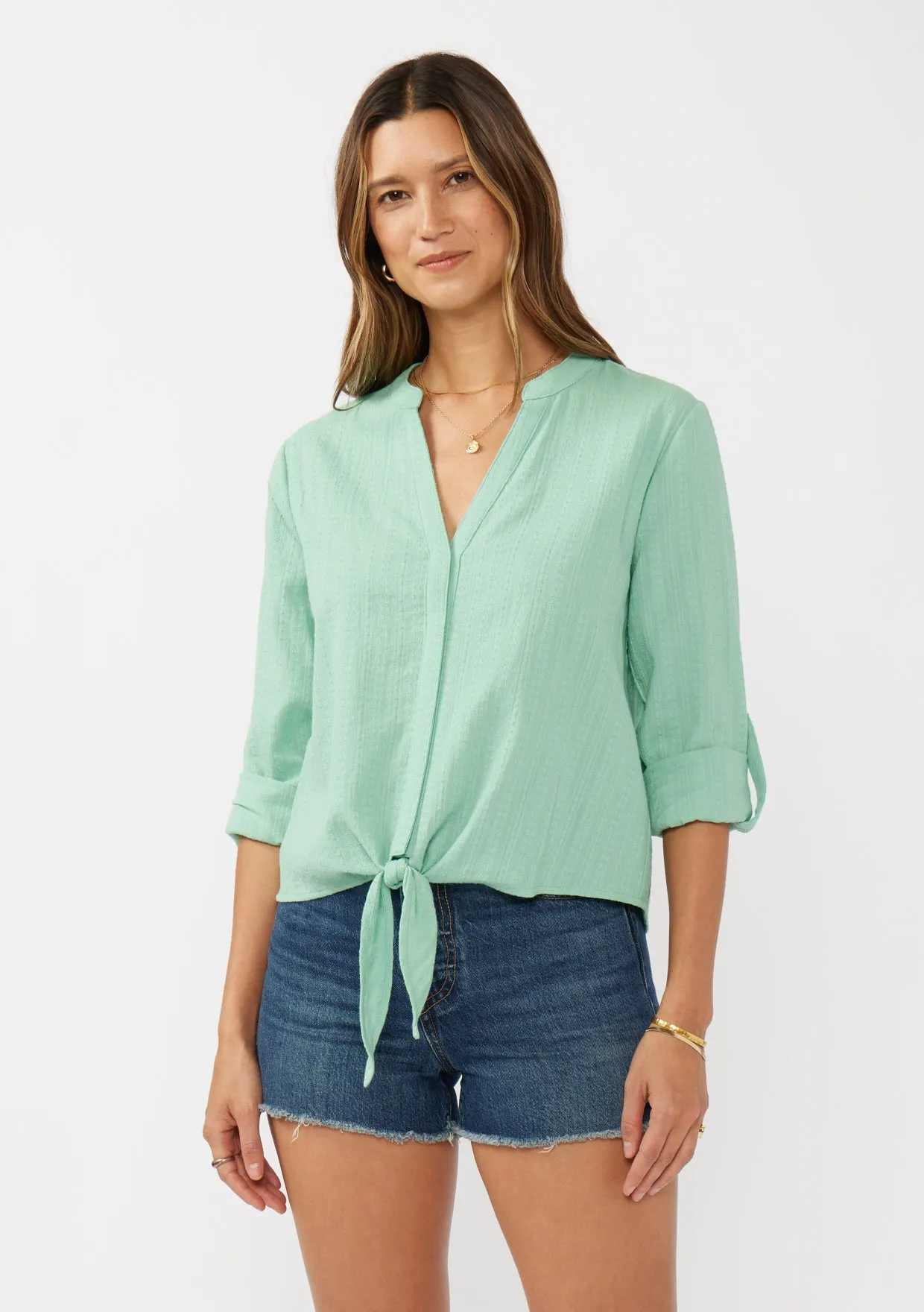 Embroidered Front Knot Long Sleeve Blouse