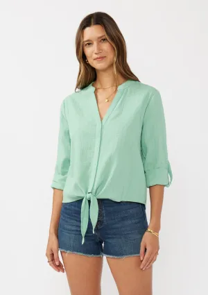Embroidered Front Knot Long Sleeve Blouse