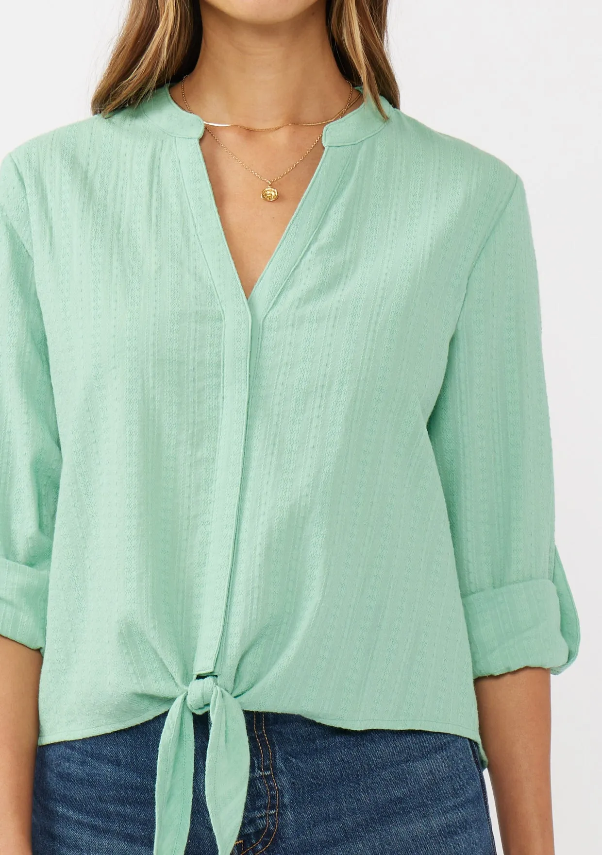 Embroidered Front Knot Long Sleeve Blouse