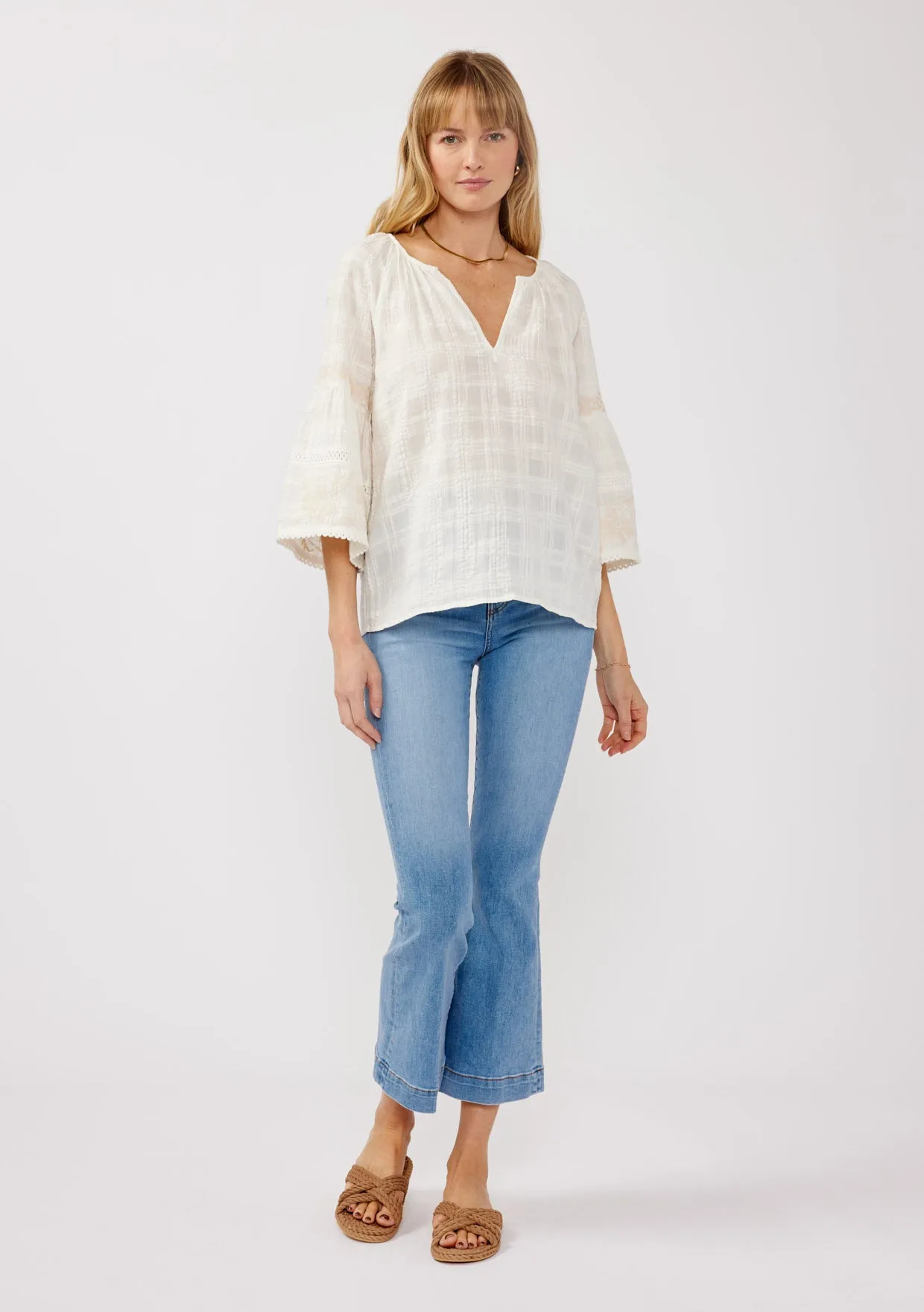 Embroidered Split Neck Plaid Top