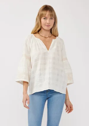 Embroidered Split Neck Plaid Top