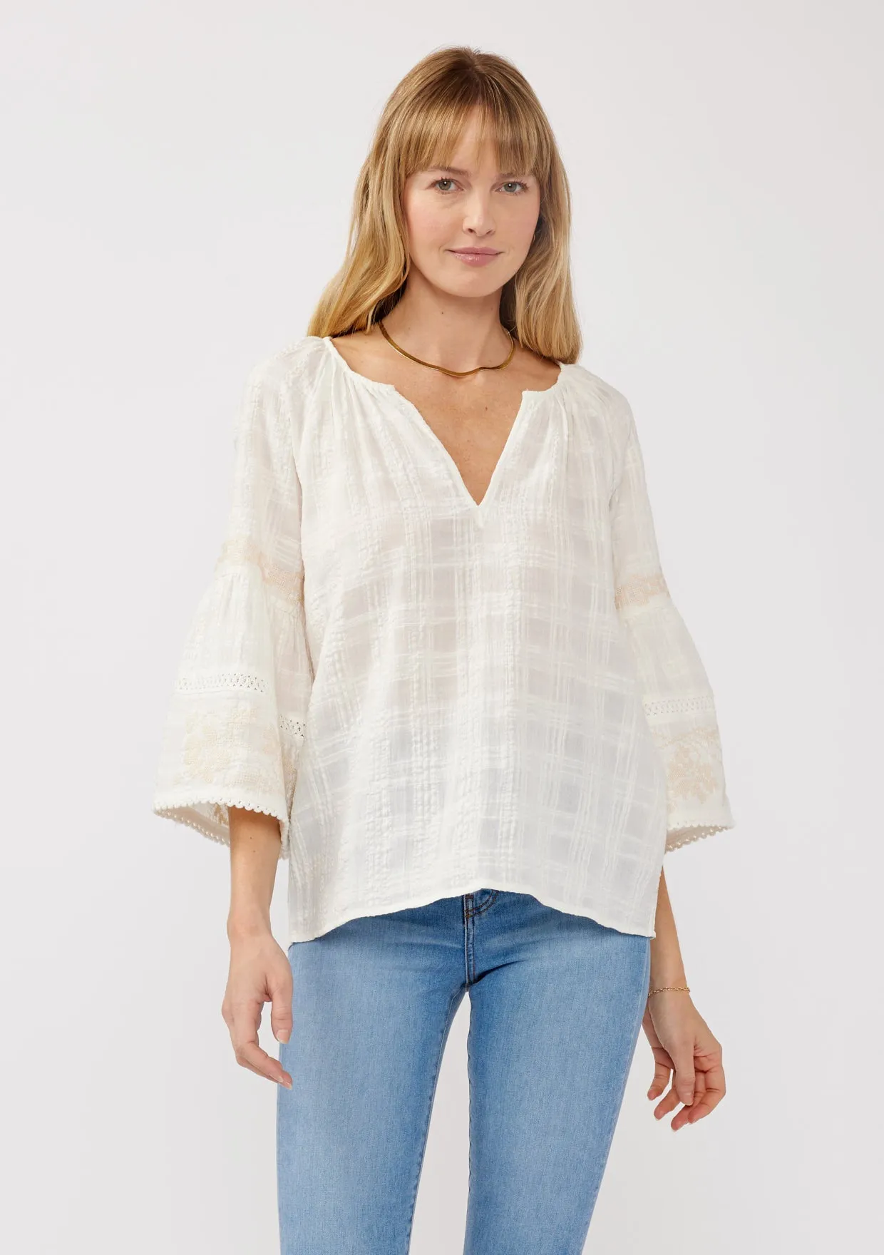 Embroidered Split Neck Plaid Top