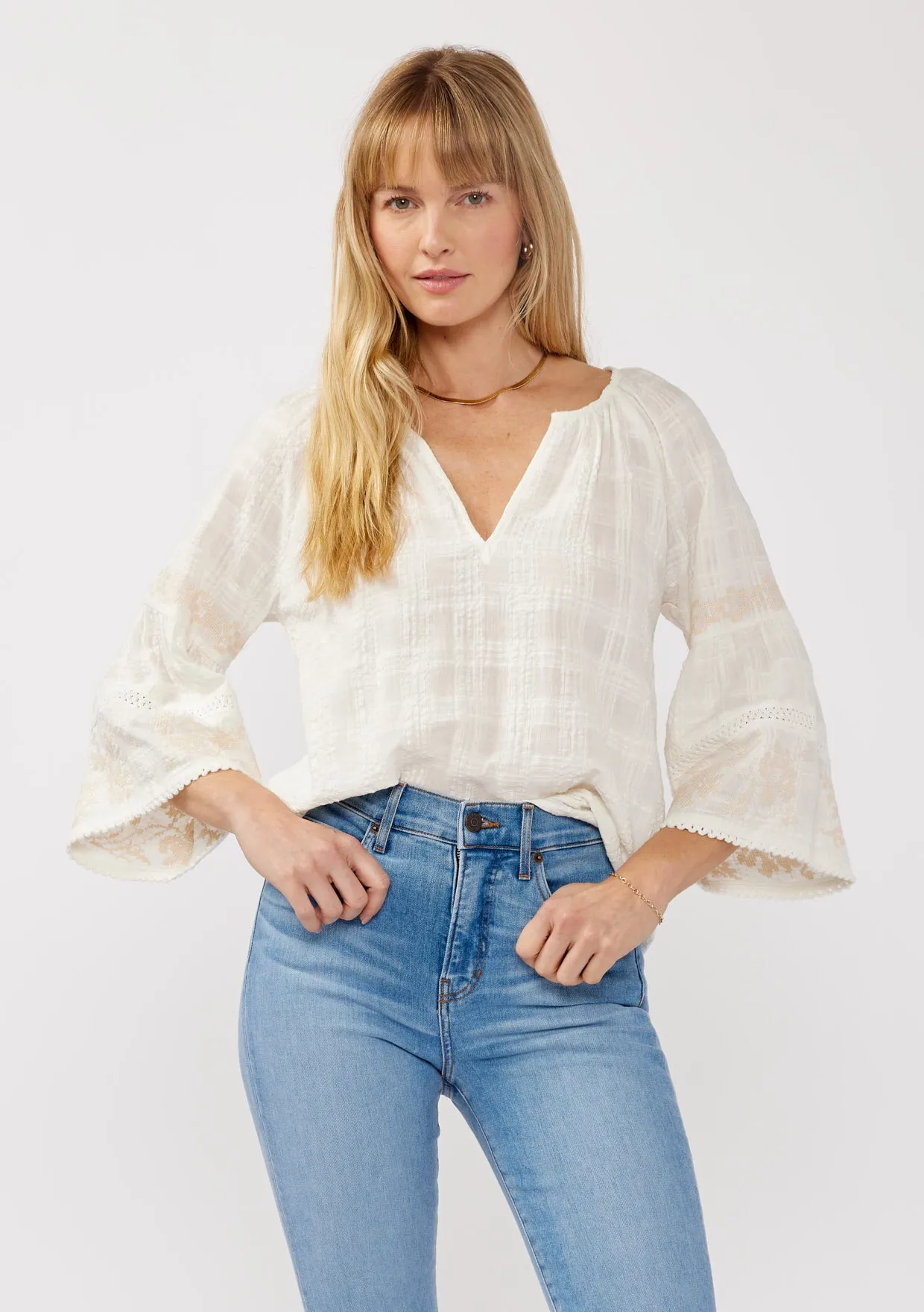 Embroidered Split Neck Plaid Top