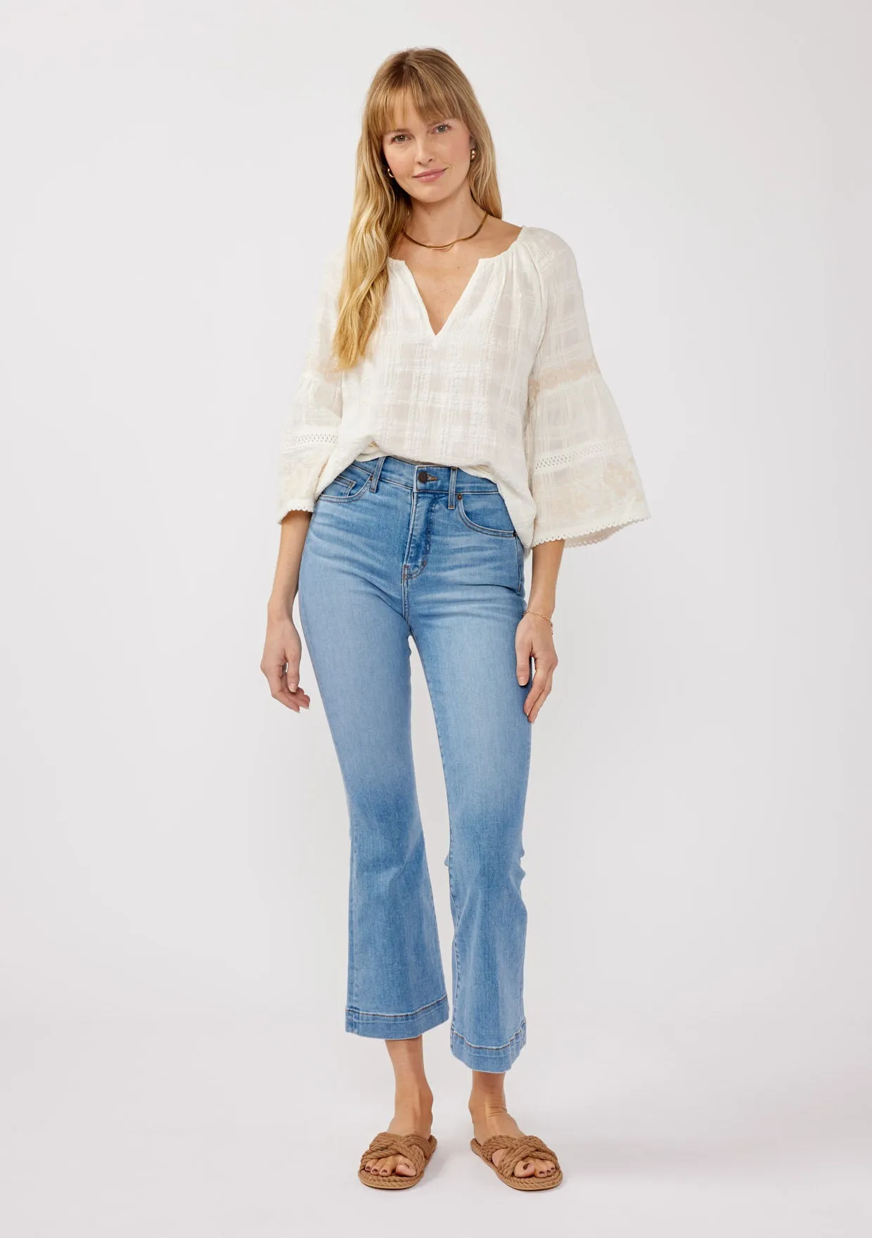 Embroidered Split Neck Plaid Top