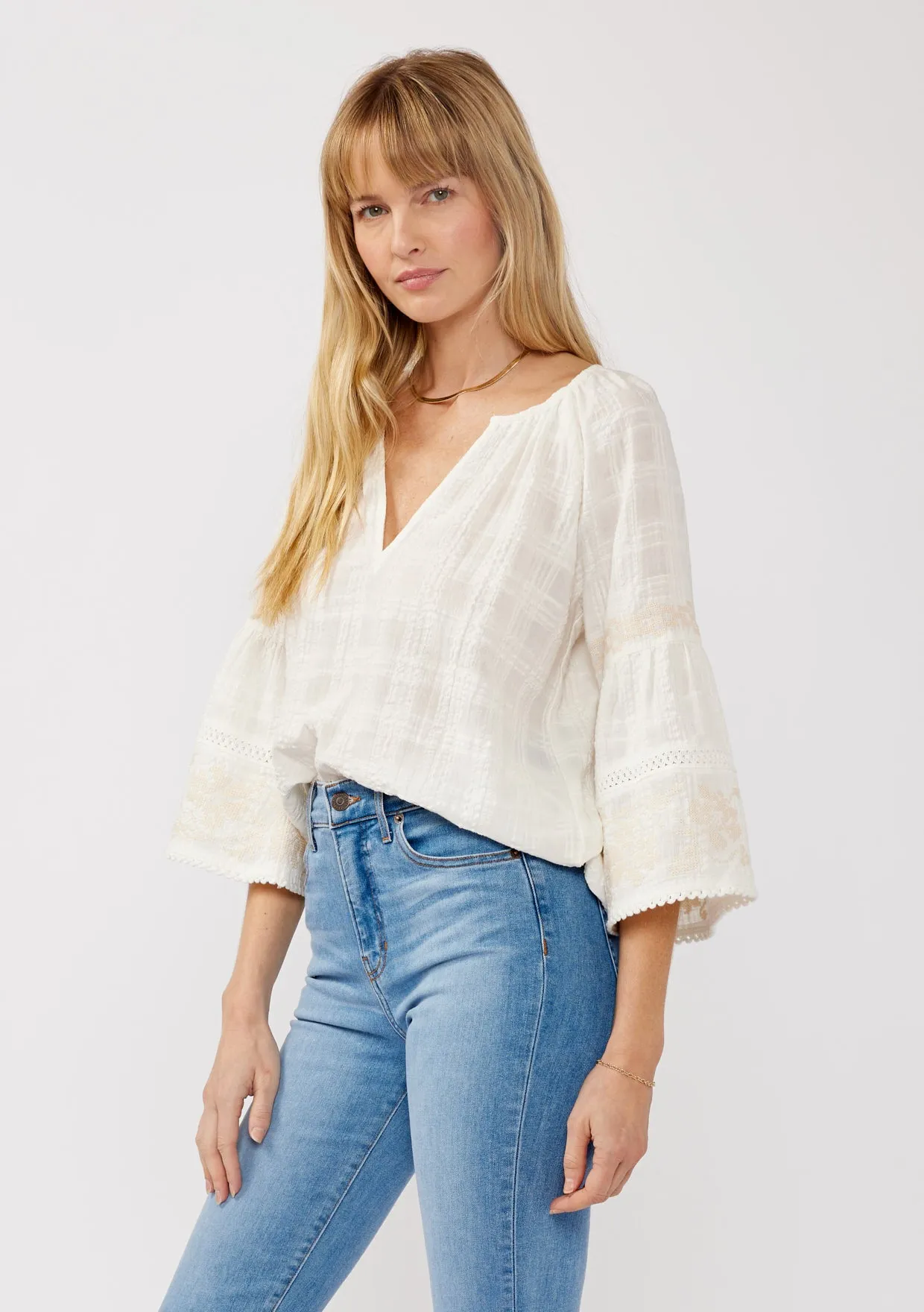 Embroidered Split Neck Plaid Top