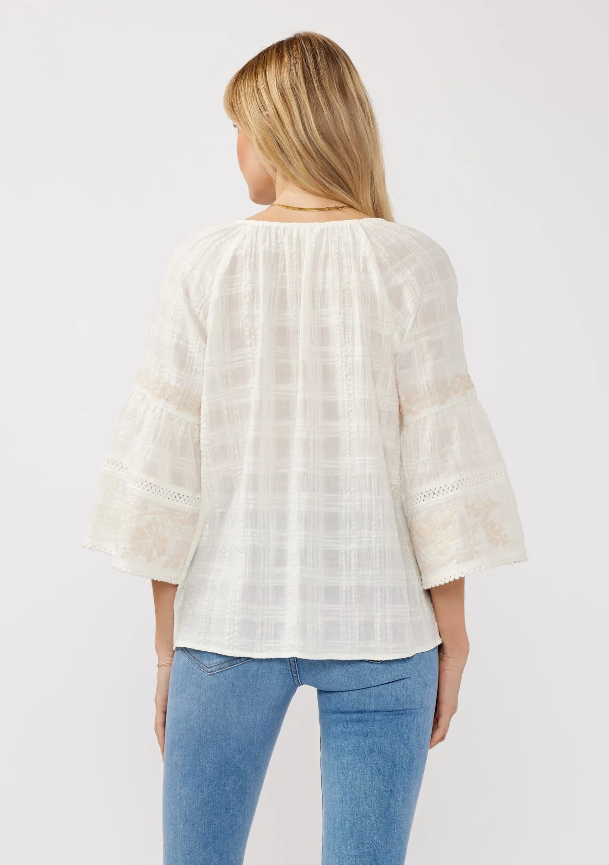 Embroidered Split Neck Plaid Top