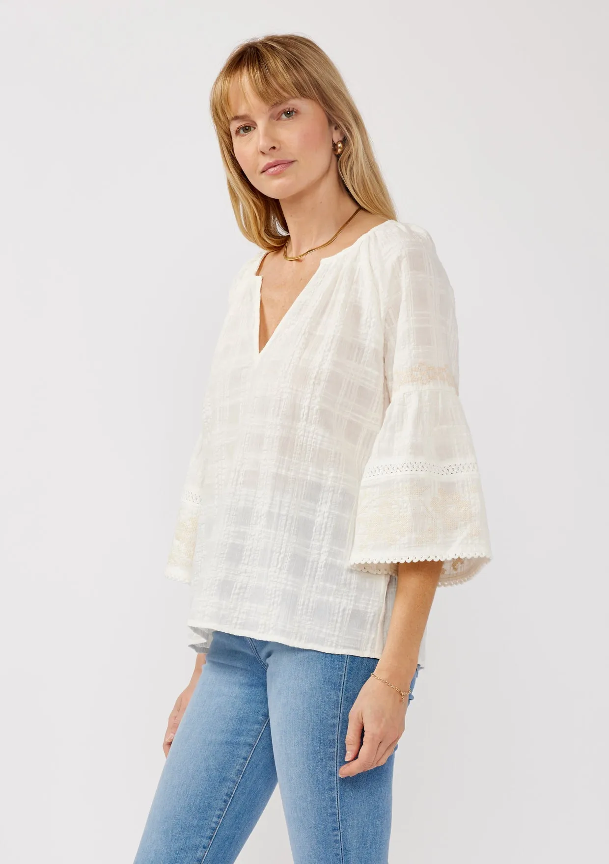 Embroidered Split Neck Plaid Top