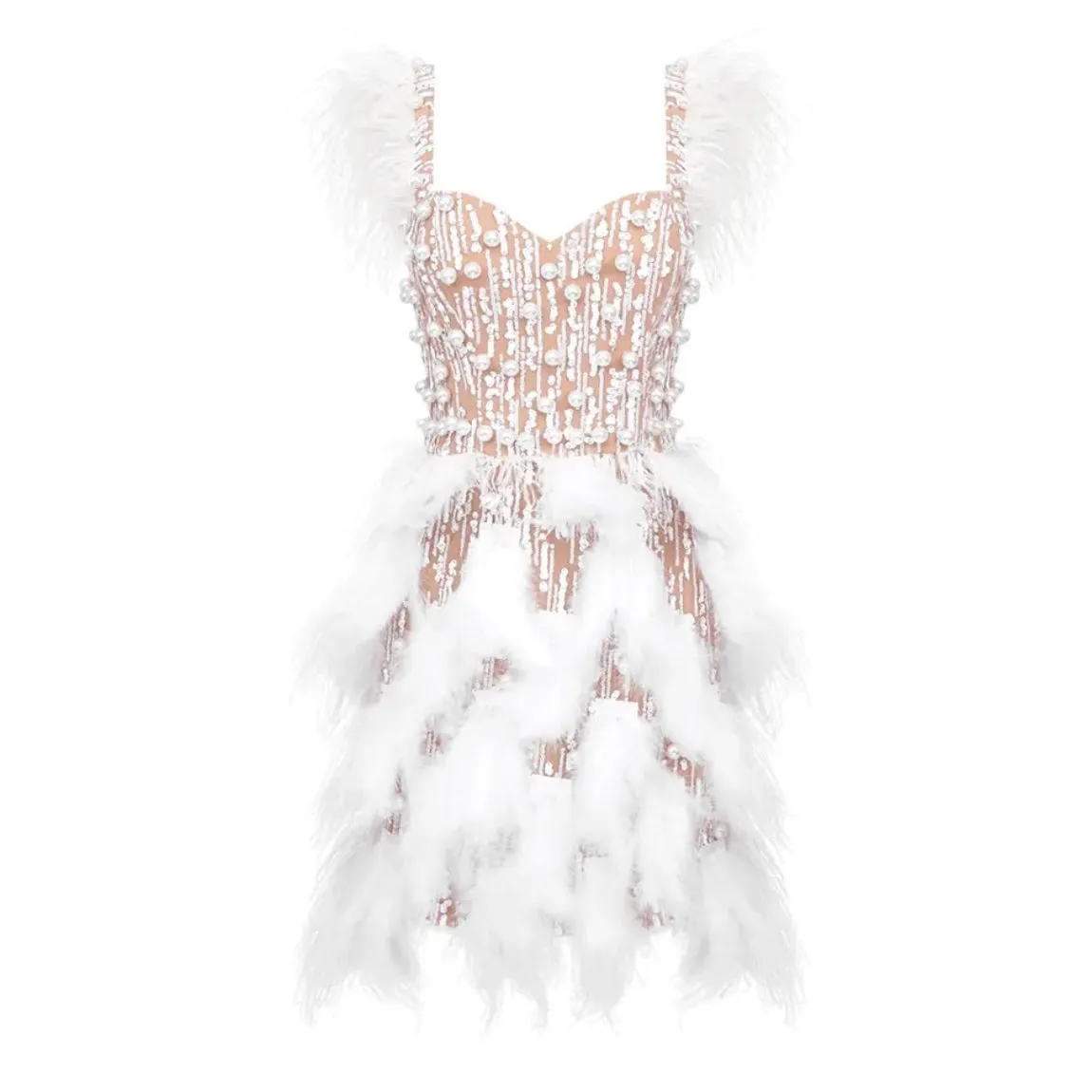 Feather Trim Faux Pearl Embroidered Mini Dress