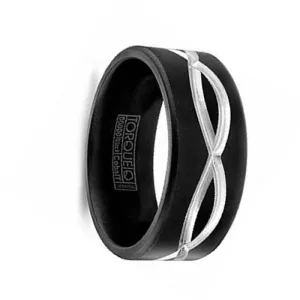 GARRUS Torque Black Cobalt Flat Wedding Band Matte Finish Grooved Center Design - 9 mm