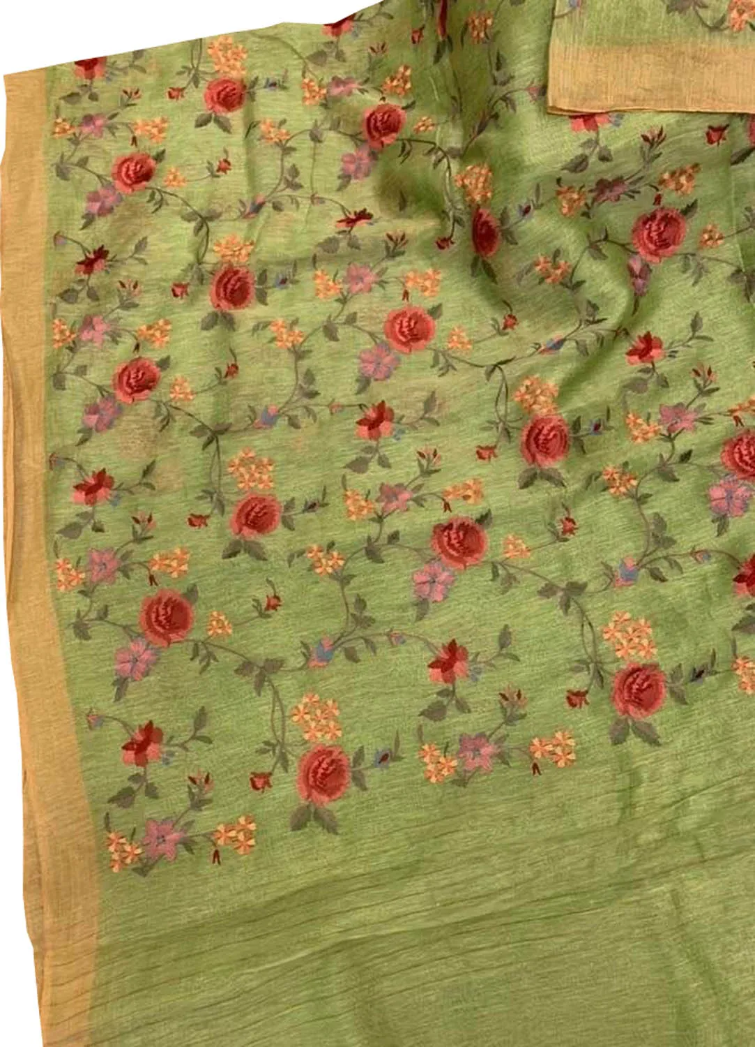 Green Linen Silk Saree with Elegant Embroidery
