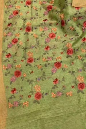 Green Linen Silk Saree with Elegant Embroidery