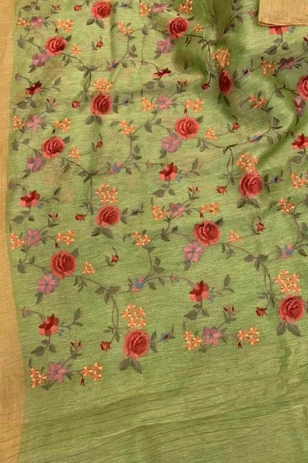 Green Linen Silk Saree with Elegant Embroidery