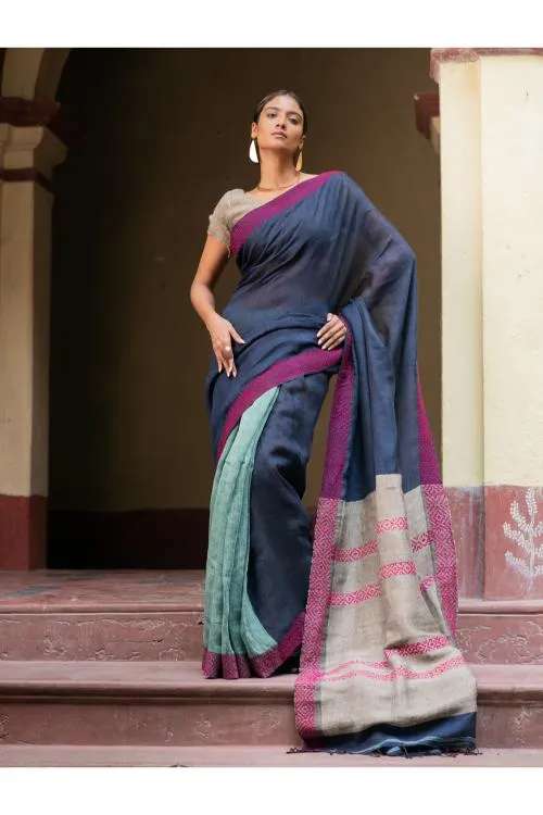 Handwoven Elegance. Exclusive Linen Kantha Patli Saree - Ocean Tones