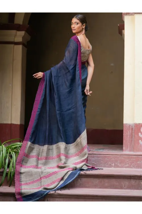 Handwoven Elegance. Exclusive Linen Kantha Patli Saree - Ocean Tones