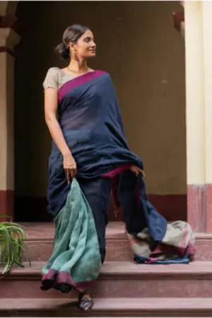 Handwoven Elegance. Exclusive Linen Kantha Patli Saree - Ocean Tones