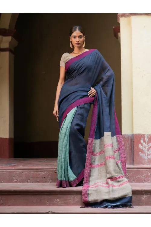 Handwoven Elegance. Exclusive Linen Kantha Patli Saree - Ocean Tones