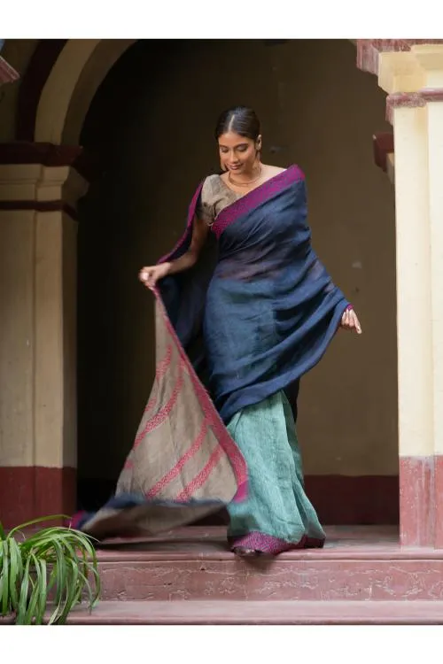 Handwoven Elegance. Exclusive Linen Kantha Patli Saree - Ocean Tones