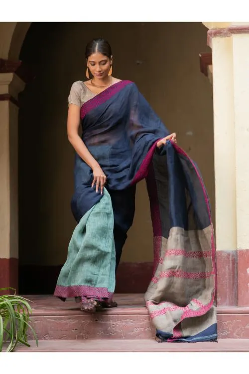 Handwoven Elegance. Exclusive Linen Kantha Patli Saree - Ocean Tones
