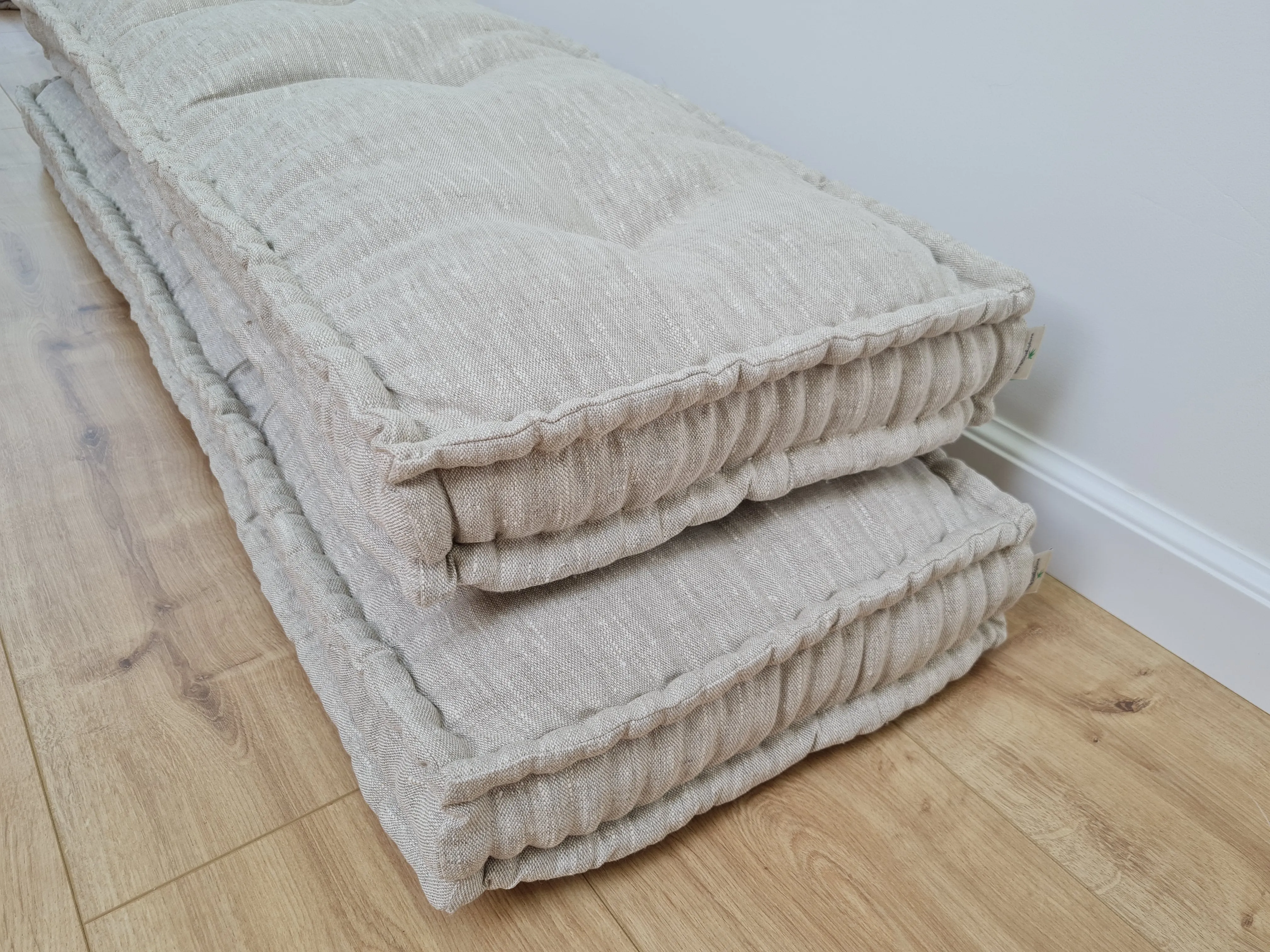 Hemp Custom madeWindow Mudroom Floor bench cushion filled organic hemp fiber in natural non-dyed light gray linen fabric all natural pillow