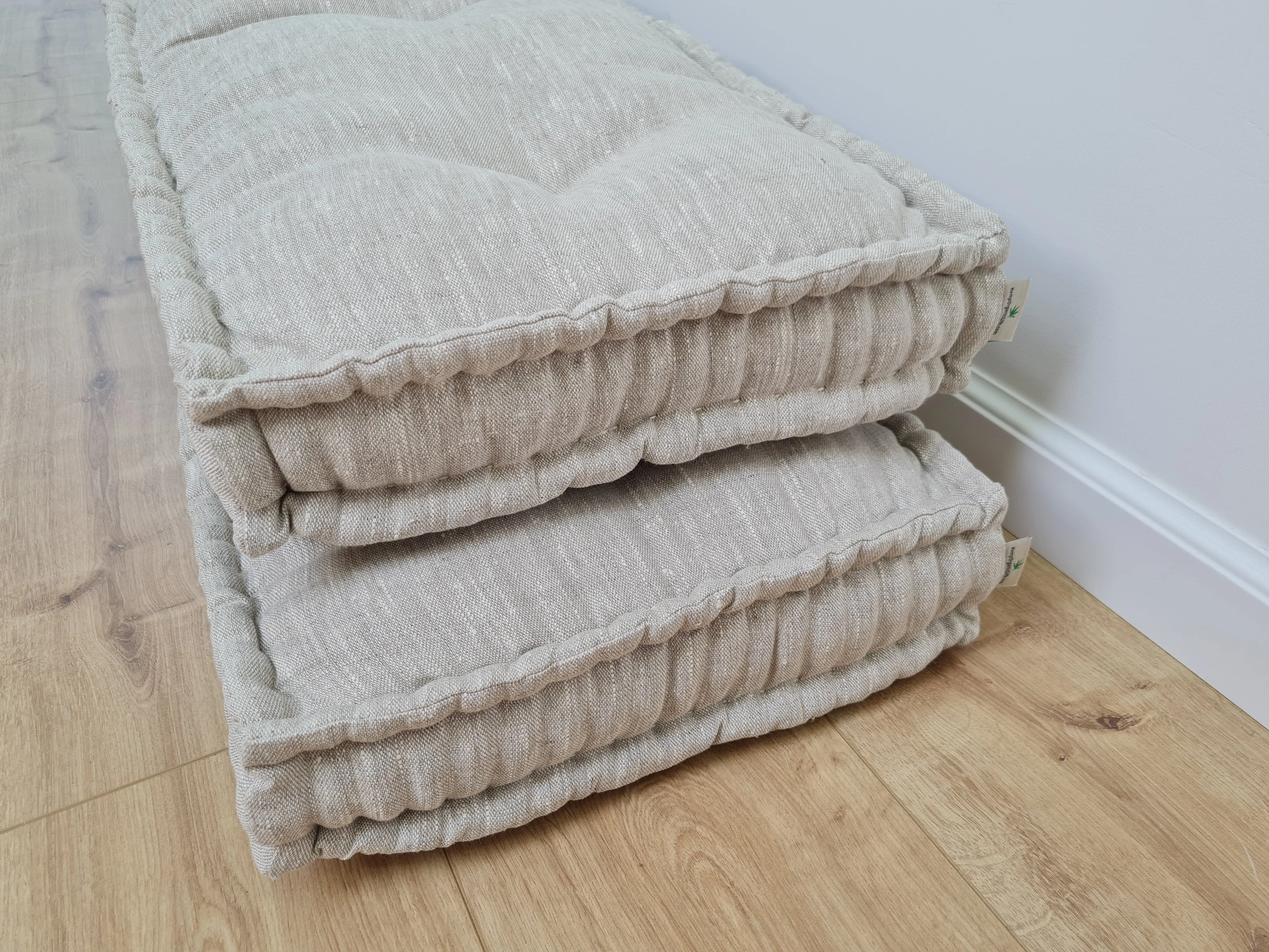 Hemp Custom madeWindow Mudroom Floor bench cushion filled organic hemp fiber in natural non-dyed light gray linen fabric all natural pillow