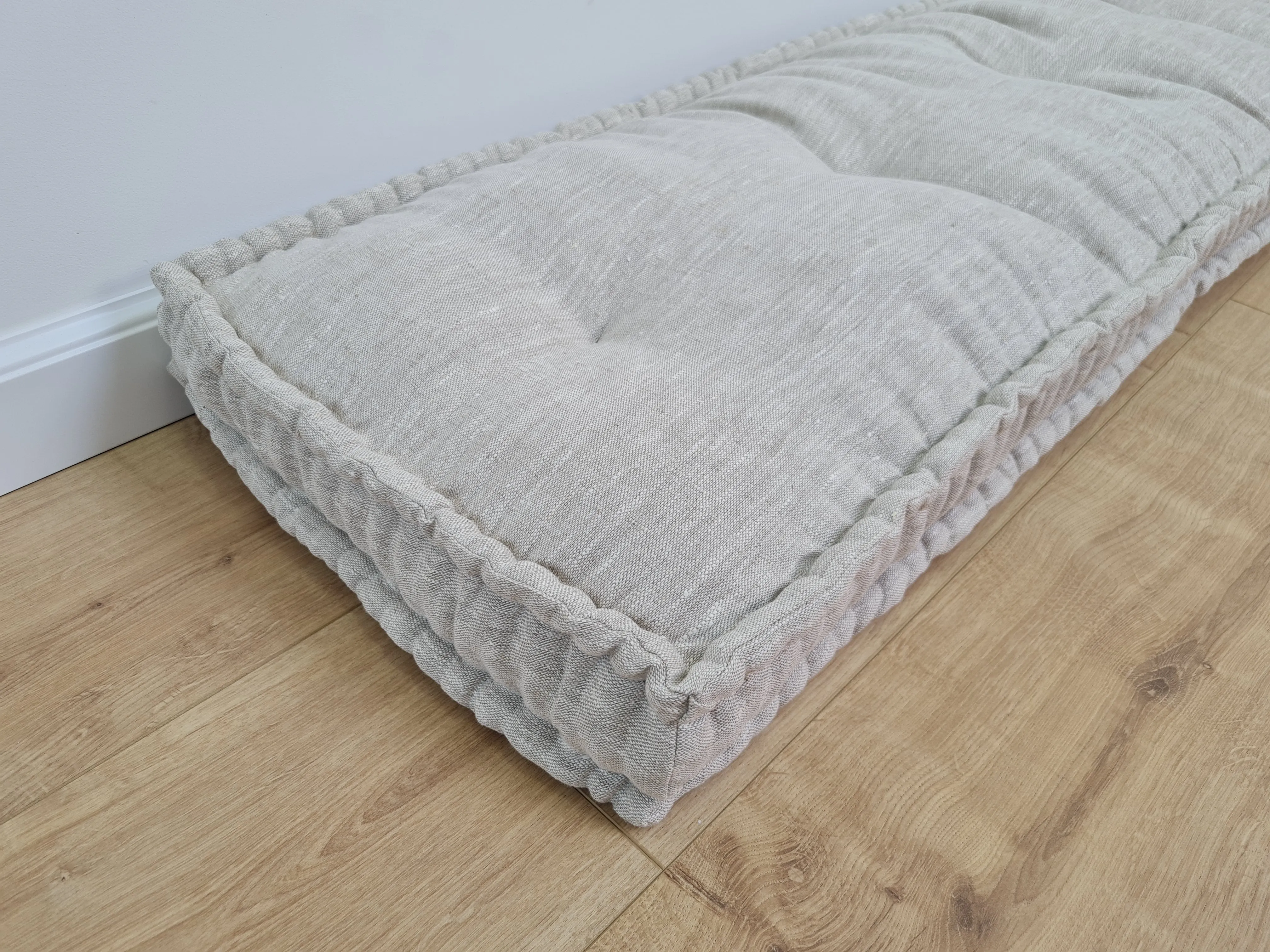 Hemp Custom madeWindow Mudroom Floor bench cushion filled organic hemp fiber in natural non-dyed light gray linen fabric all natural pillow