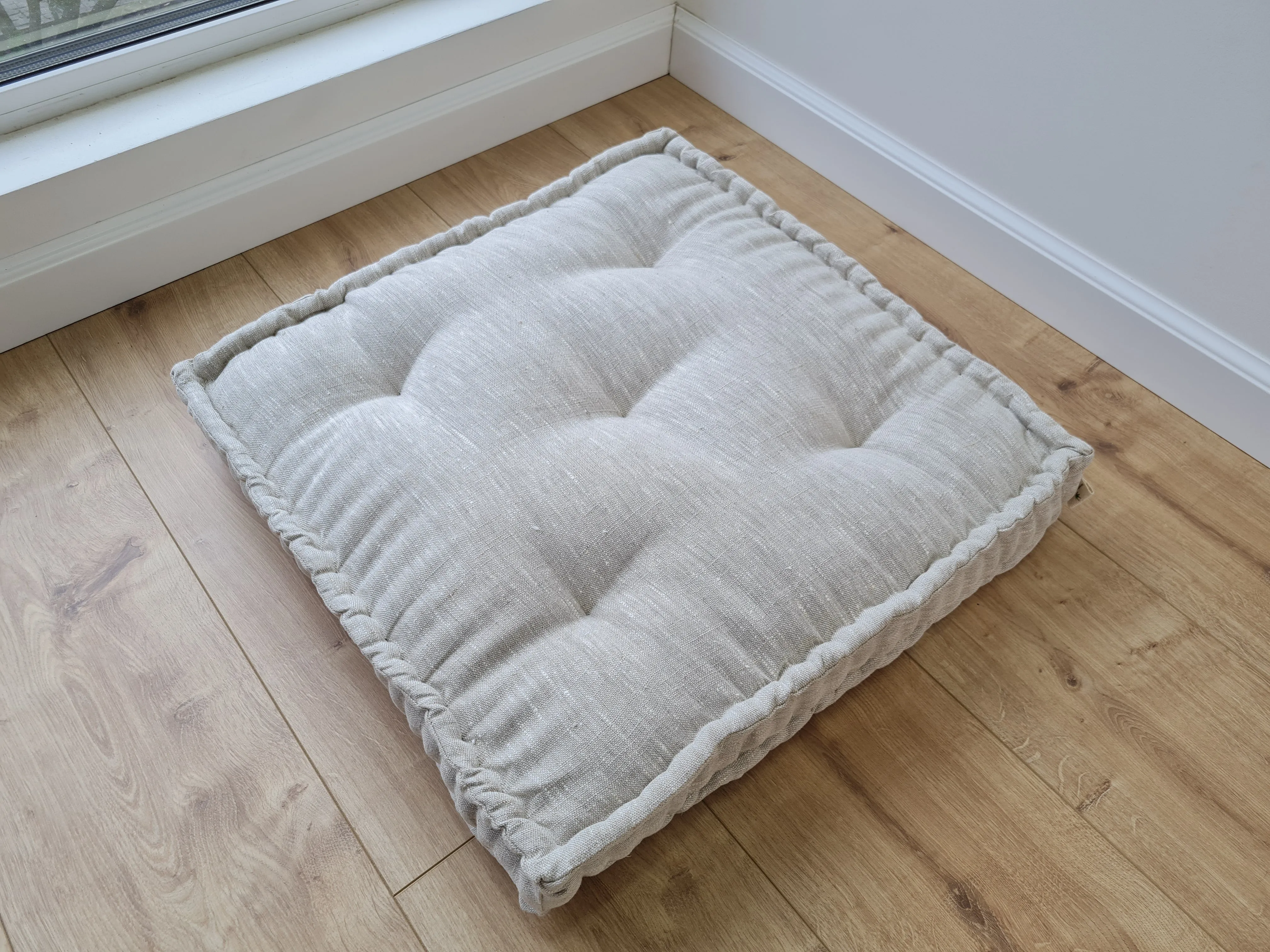 Hemp Custom madeWindow Mudroom Floor bench cushion filled organic hemp fiber in natural non-dyed light gray linen fabric all natural pillow