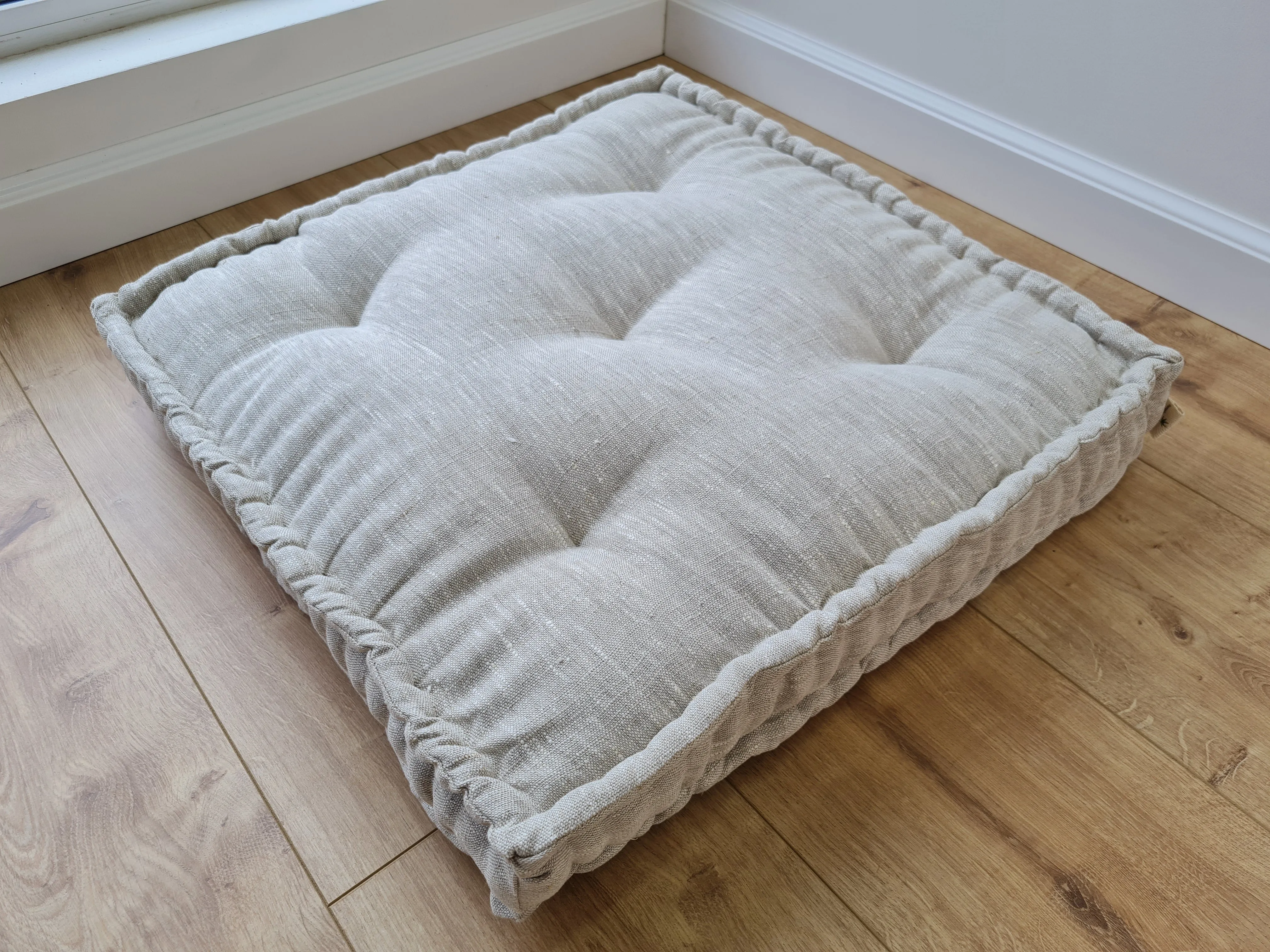 Hemp Custom madeWindow Mudroom Floor bench cushion filled organic hemp fiber in natural non-dyed light gray linen fabric all natural pillow