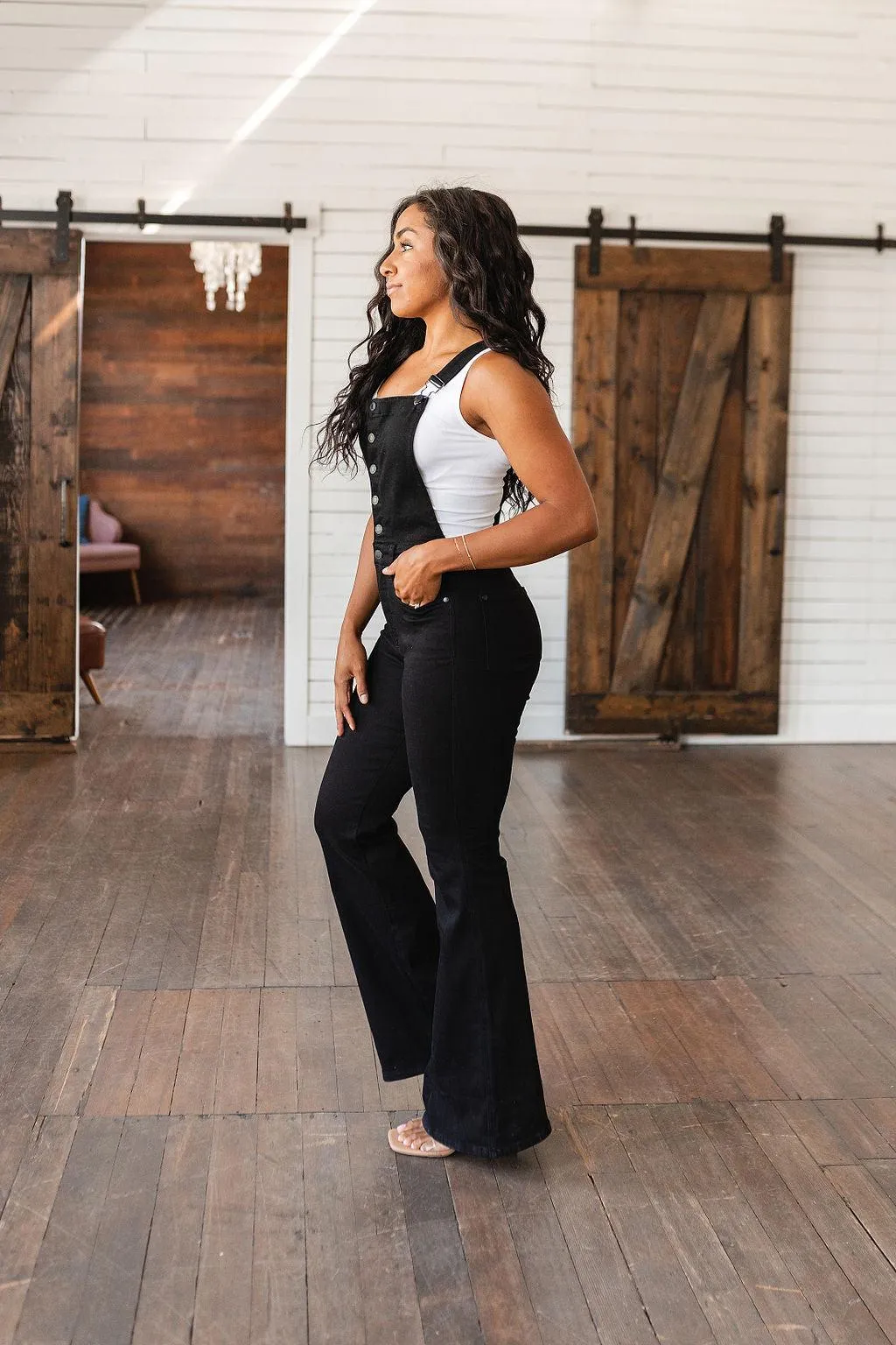 Here and Now Retro Flare Overalls in Black