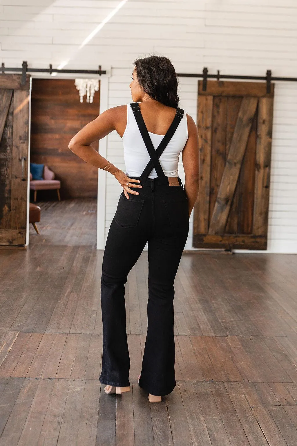 Here and Now Retro Flare Overalls in Black