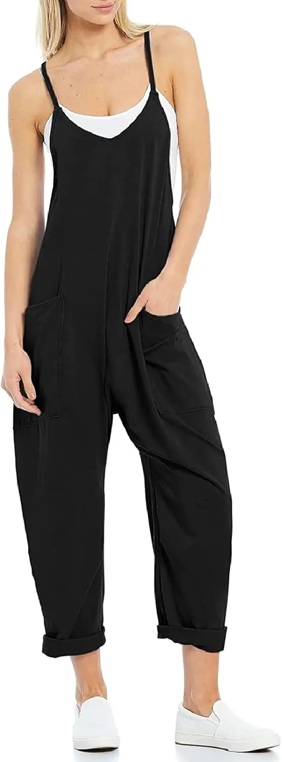 Jumpsuits for Women Summer Casual One Piece Sleeveless Baggy Rompers Spaghetti Strap Overalls Jumpers with Pockets