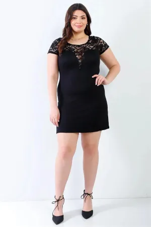 Junior Plus Black Lace Details Short Sleeve Mini Dress /2-2-2
