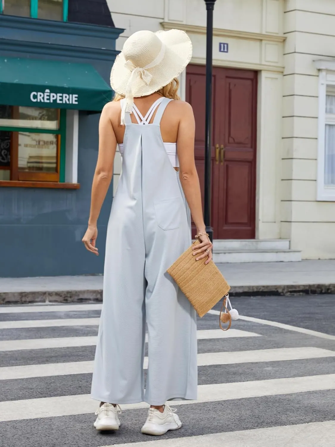 keriffe Womens Casual Overalls Jumpsuits Wide Leg Loose Fit Pants One Piece Sleeveless Adjustable Strap Rompers with Pockets