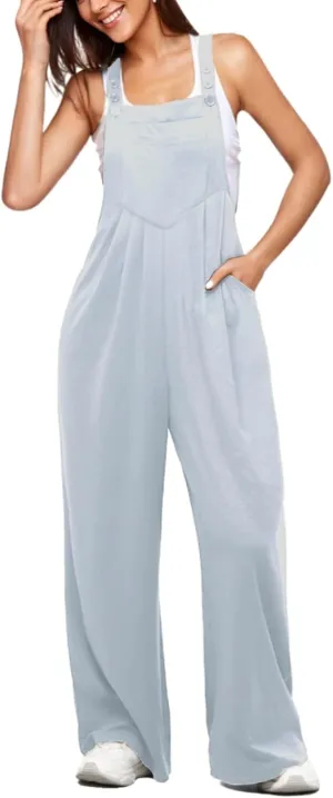 keriffe Womens Casual Overalls Jumpsuits Wide Leg Loose Fit Pants One Piece Sleeveless Adjustable Strap Rompers with Pockets