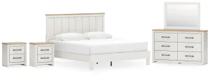 Linnocreek King Panel Bed with Mirrored Dresser and 2 Nightstands in White/Warm Brown