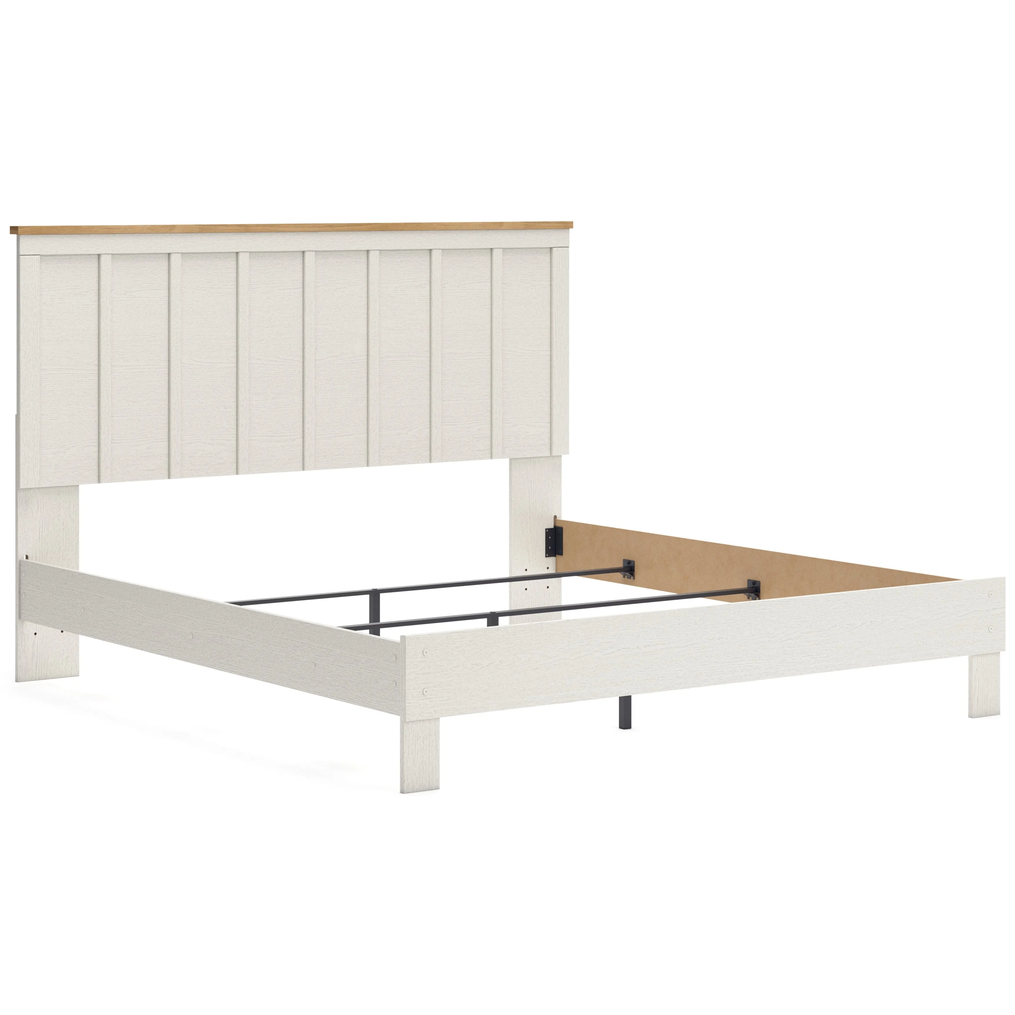 Linnocreek King Panel Bed with Mirrored Dresser and 2 Nightstands in White/Warm Brown