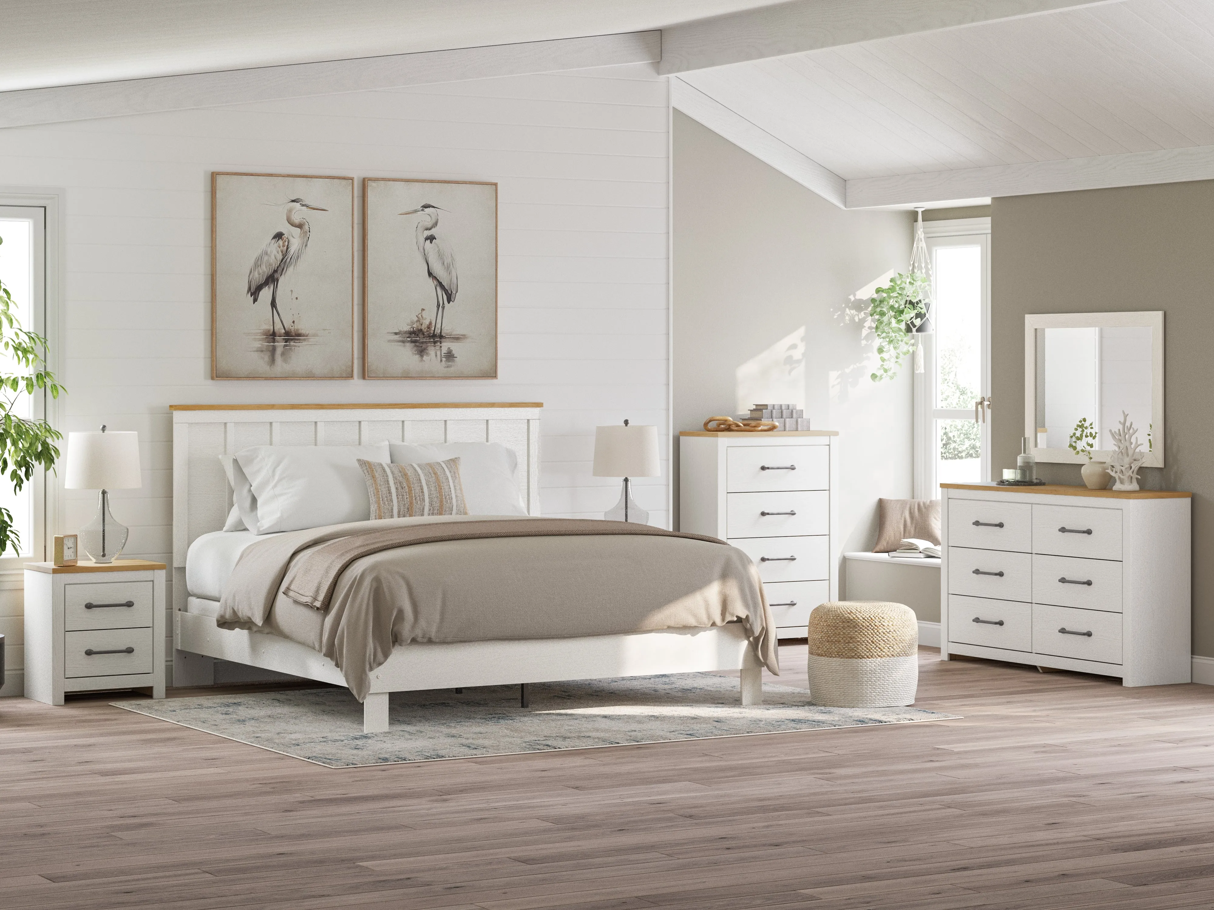 Linnocreek King Panel Bed with Mirrored Dresser and 2 Nightstands in White/Warm Brown