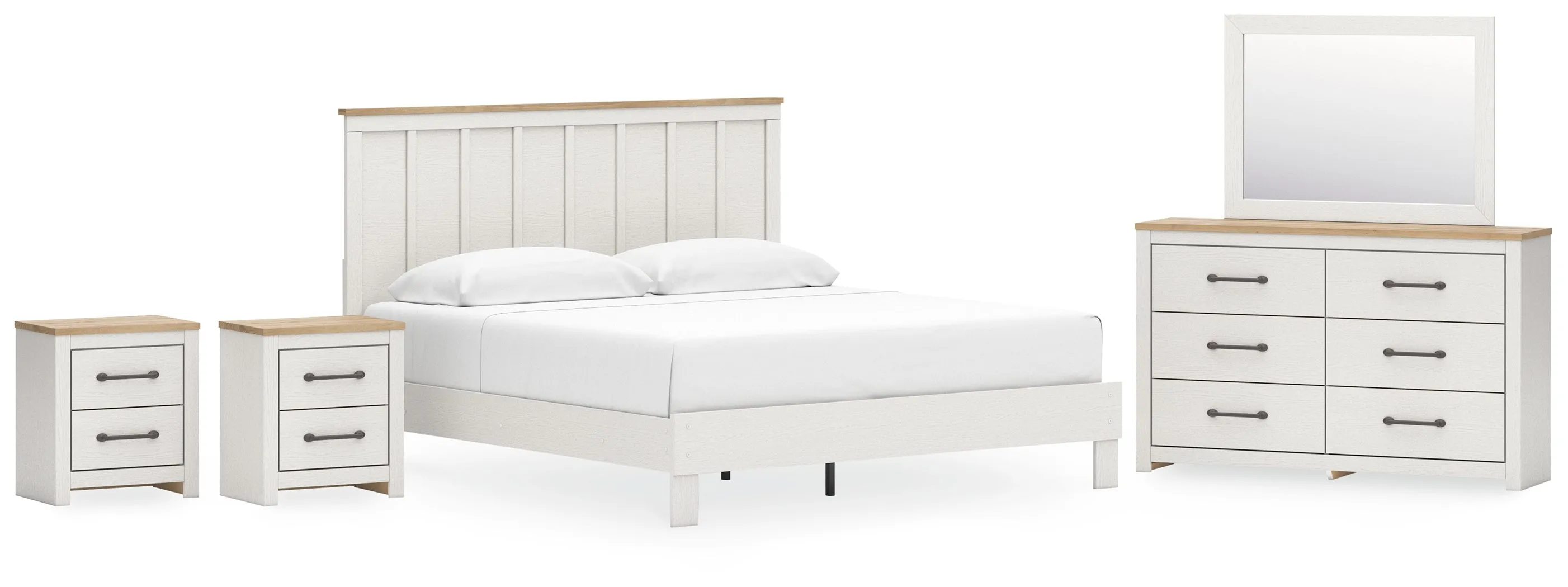 Linnocreek King Panel Bed with Mirrored Dresser and 2 Nightstands in White/Warm Brown