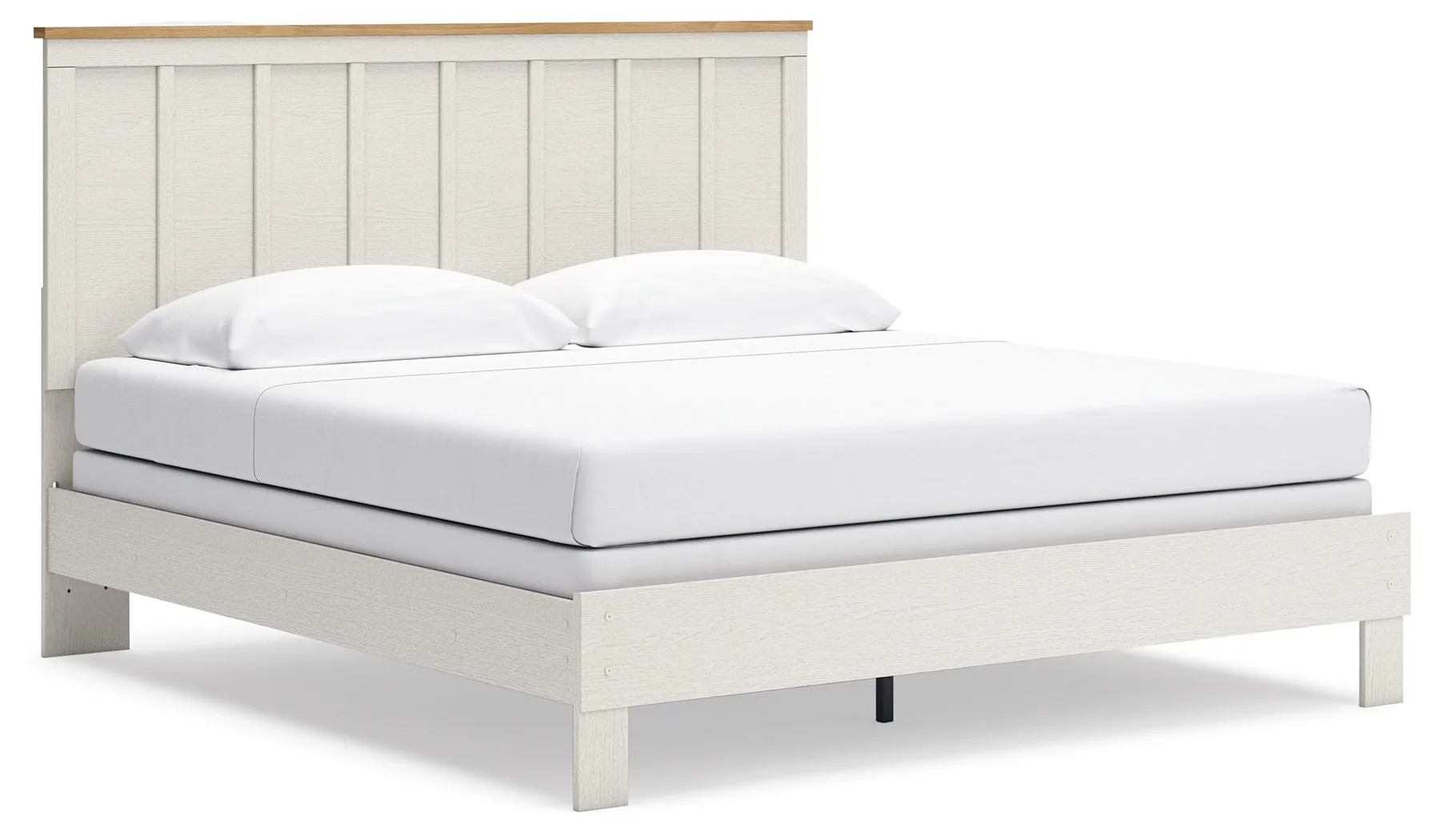 Linnocreek King Panel Bed with Mirrored Dresser and 2 Nightstands in White/Warm Brown