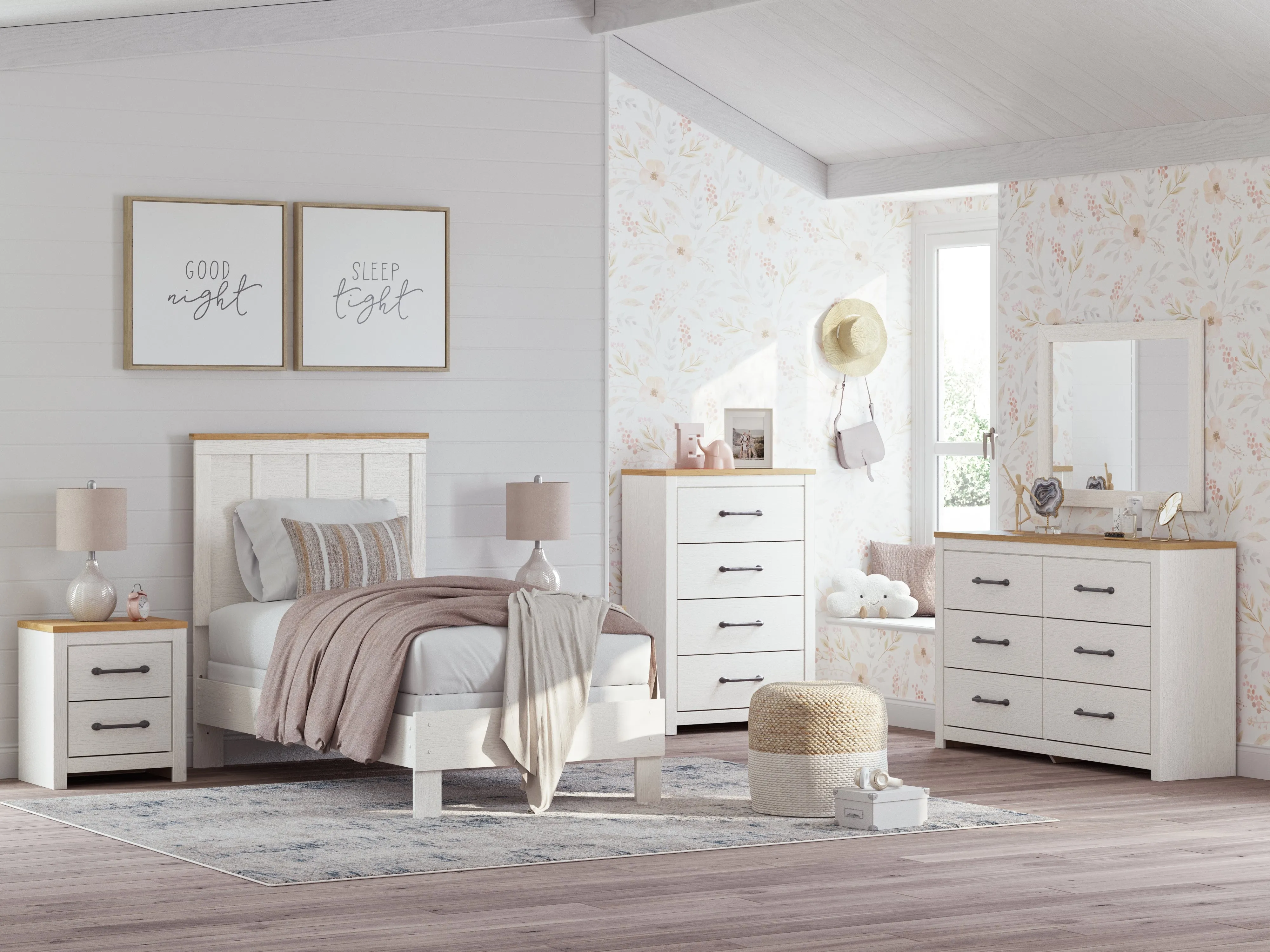 Linnocreek Twin Panel Bed with Mirrored Dresser, Chest and 2 Nightstands in White/Warm Brown