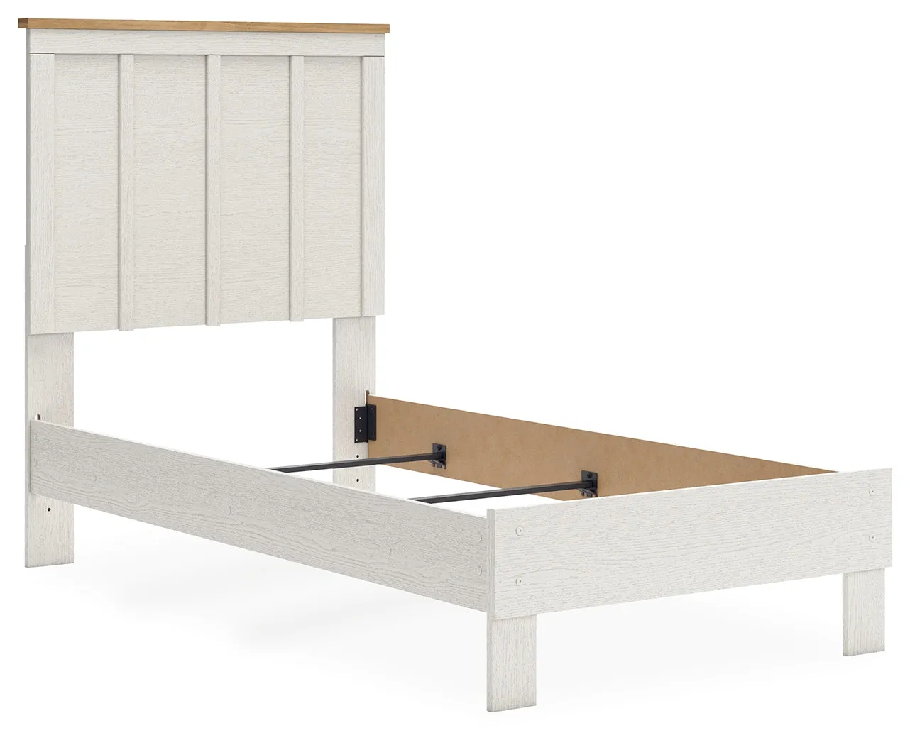 Linnocreek Twin Panel Bed with Mirrored Dresser, Chest and 2 Nightstands in White/Warm Brown