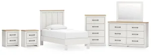 Linnocreek Twin Panel Bed with Mirrored Dresser, Chest and 2 Nightstands in White/Warm Brown