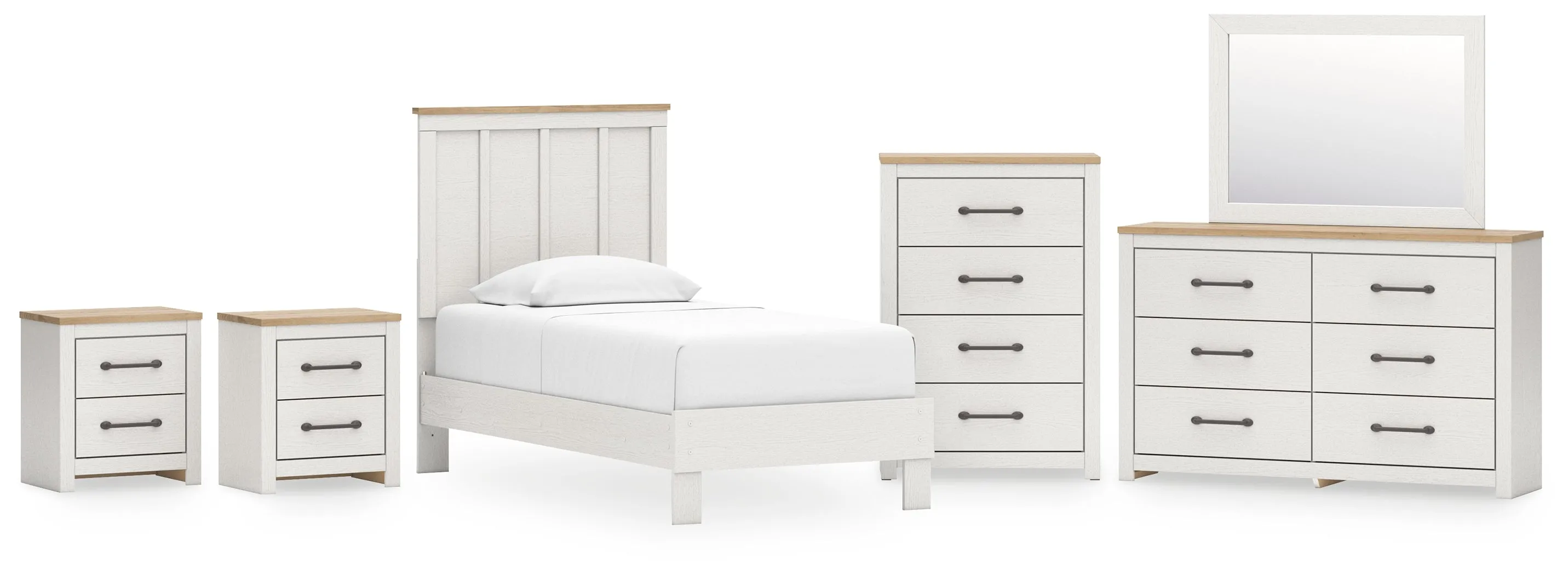 Linnocreek Twin Panel Bed with Mirrored Dresser, Chest and 2 Nightstands in White/Warm Brown